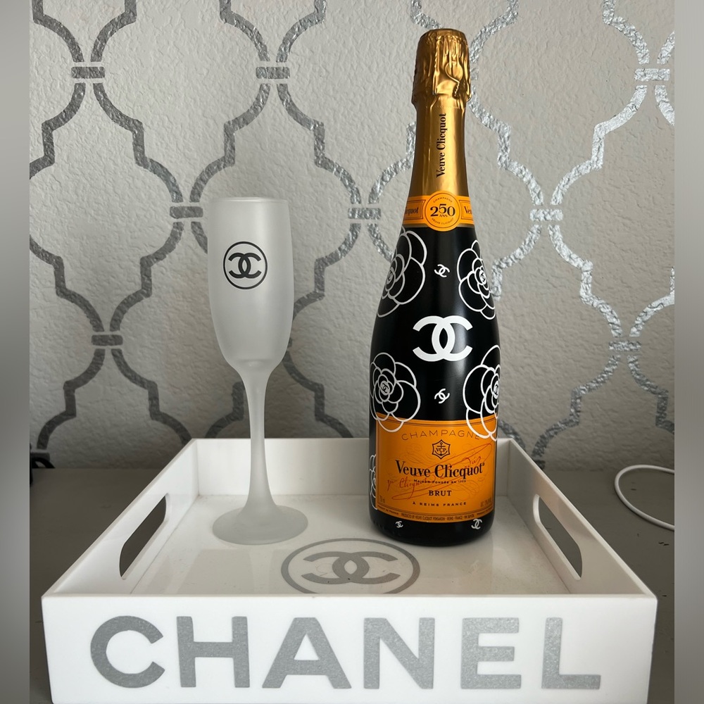 Chanel decor tray and champagne glass with bottle